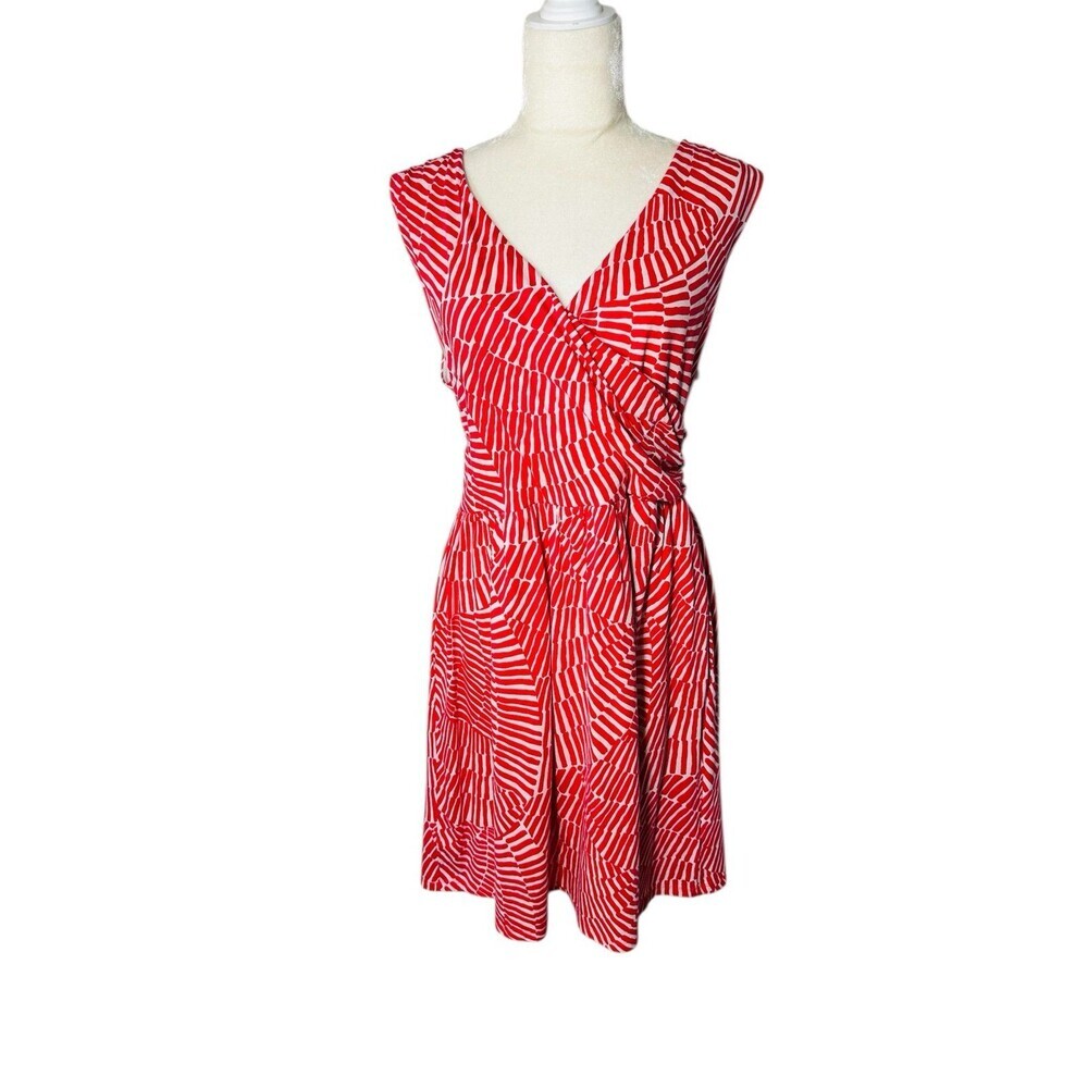 BODEN Sz L 14 Soft Midi Dress Pockets Print Coral Red White Ruched Wrap Spring